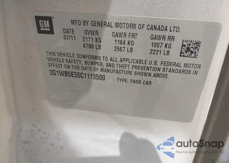 2012 Chevrolet Impala Lt z USA, uszkodzony, nr VIN 2G1WB5E35C1113500